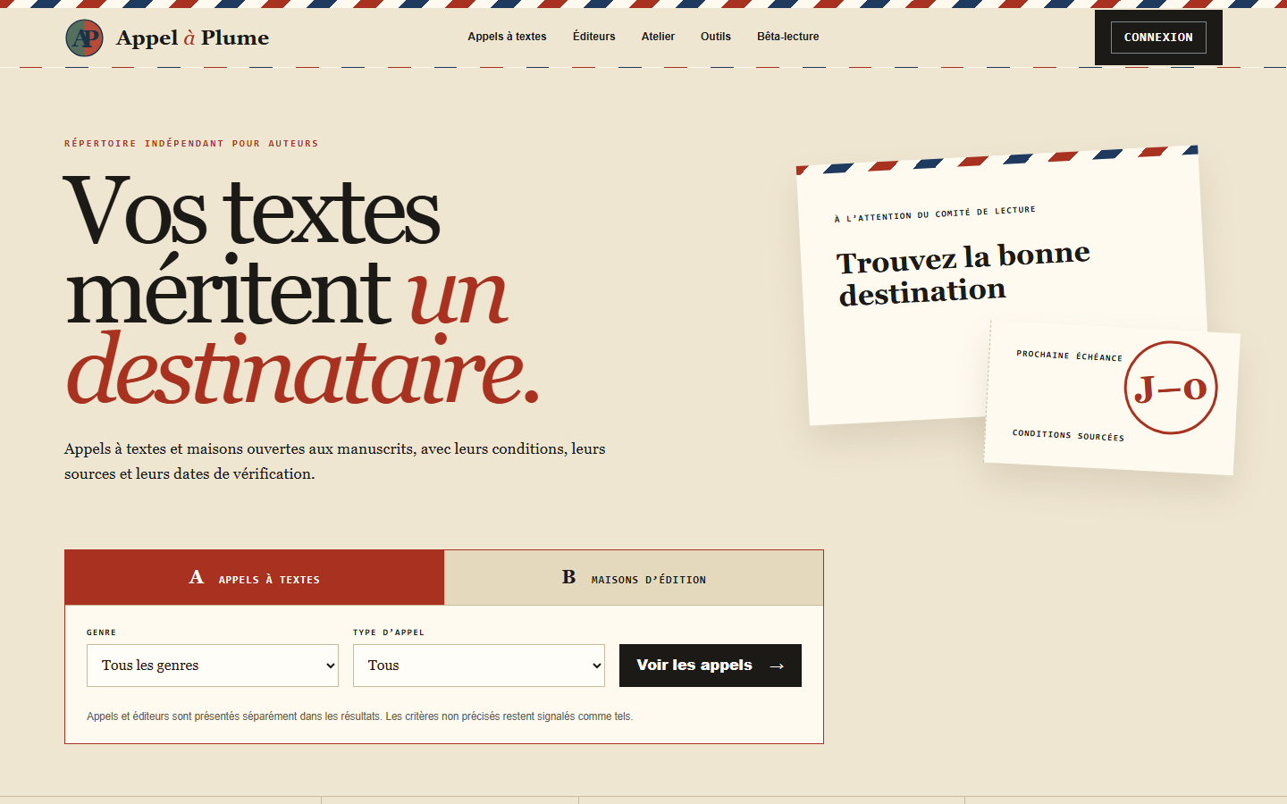 Page d'accueil d'Appel à Plume : « Vos textes méritent un destinataire. »