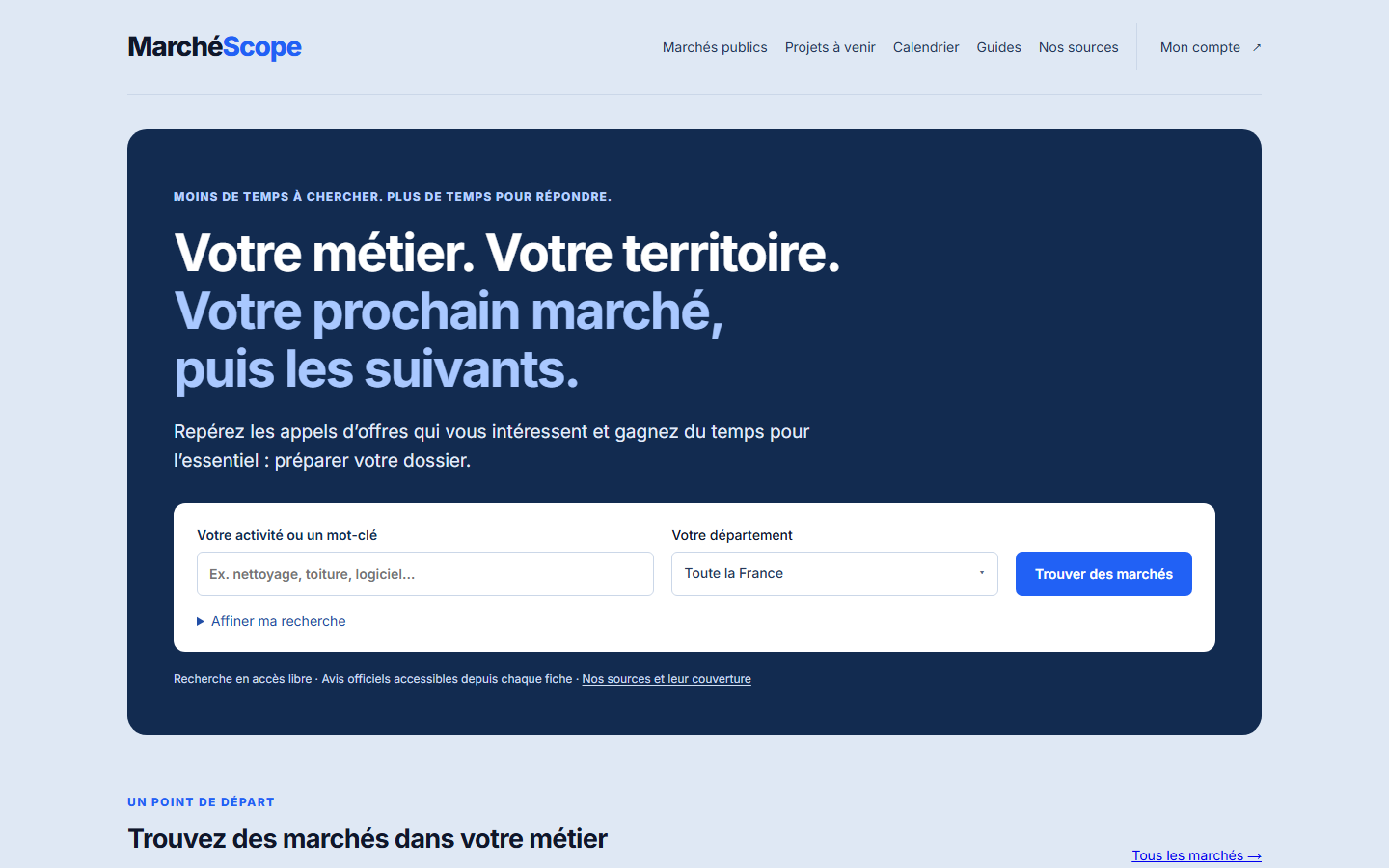 Page d'accueil de MarchéScope : « Votre métier. Votre territoire. Votre prochain marché. »