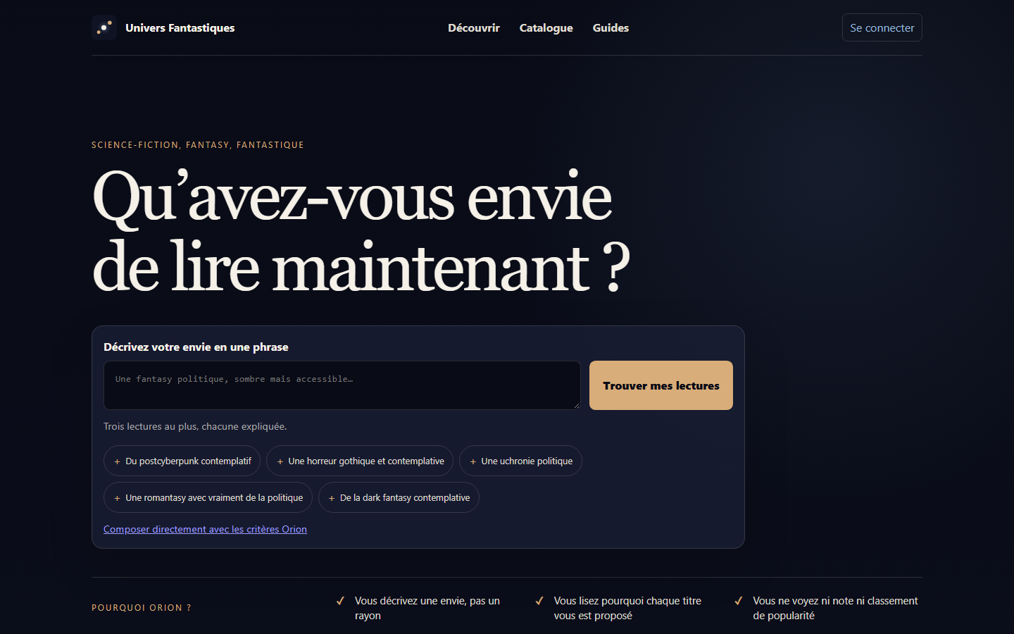 Page d'accueil d'Univers Fantastiques : « Qu'avez-vous envie de lire maintenant ? »